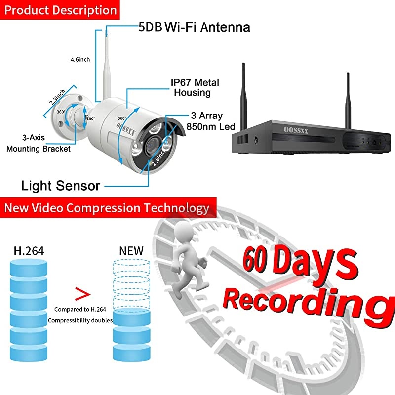 Days Storage&Expandable 8CH]Wireless NVR Security Camera System Outdoor With 2TB Hard Drive ,Wireless CCTV Video Surveillance Wifi Camera Systems With DVR,4Pcs 1080P Wireless IP Cameras with Audio