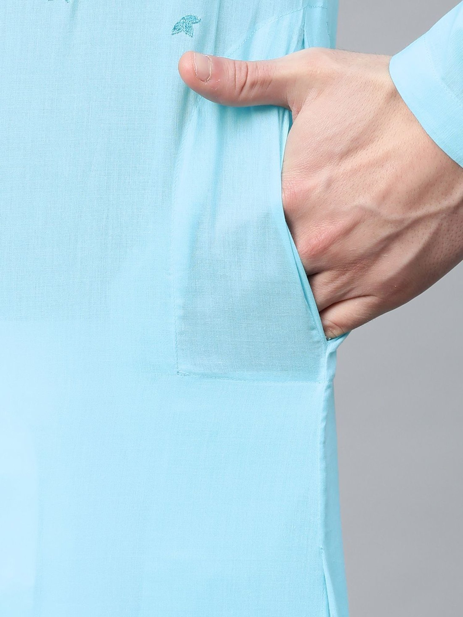 See Designs Turquoise Blue & White Cotton Regular Fit Embroidered Kurta Bottom Set