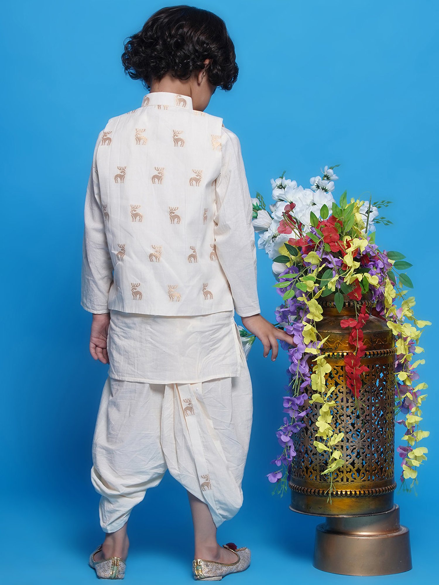 VASTRAMAY Boys Yellow & White Cotton Printed Full Sleeves Kurta Sets