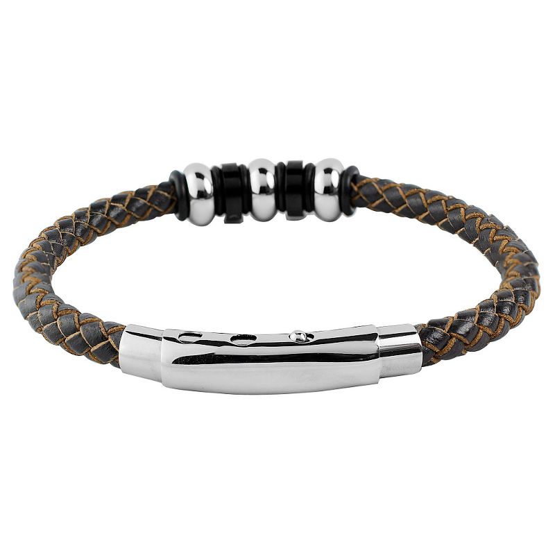 Men's West Coast Jewelry Stainless Steel Brown Leather Braided and Beaded Bracelet