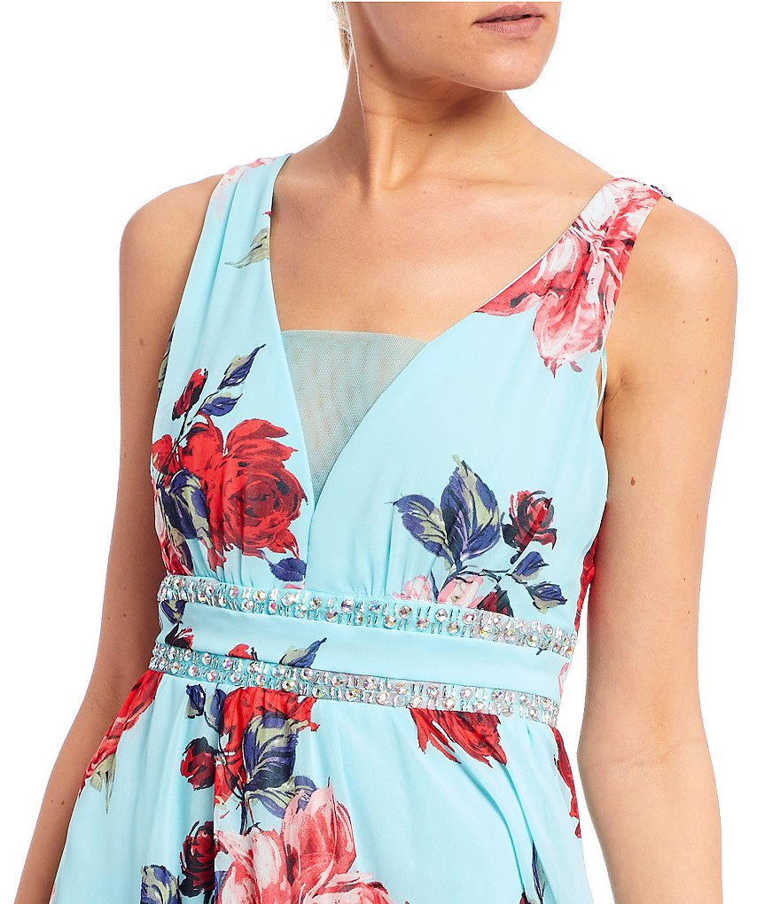 Midnight Doll Floral Chiffon Beaded Waist Long Dress