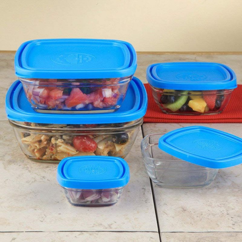 Duralex Lys 5 Piece Square Stackable Reusable Portable Tempered Glass Bowl Storage Organizer Containers with Lids