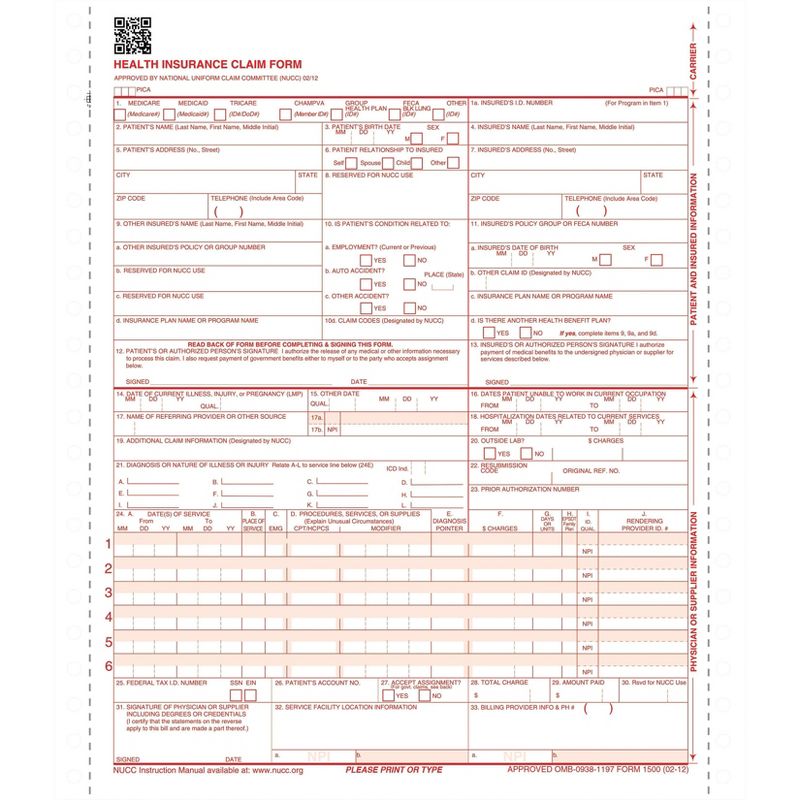 ComplyRight 1-Part Continuous CMS-1500 Health Insurance Claim Form (02/12) CMS121