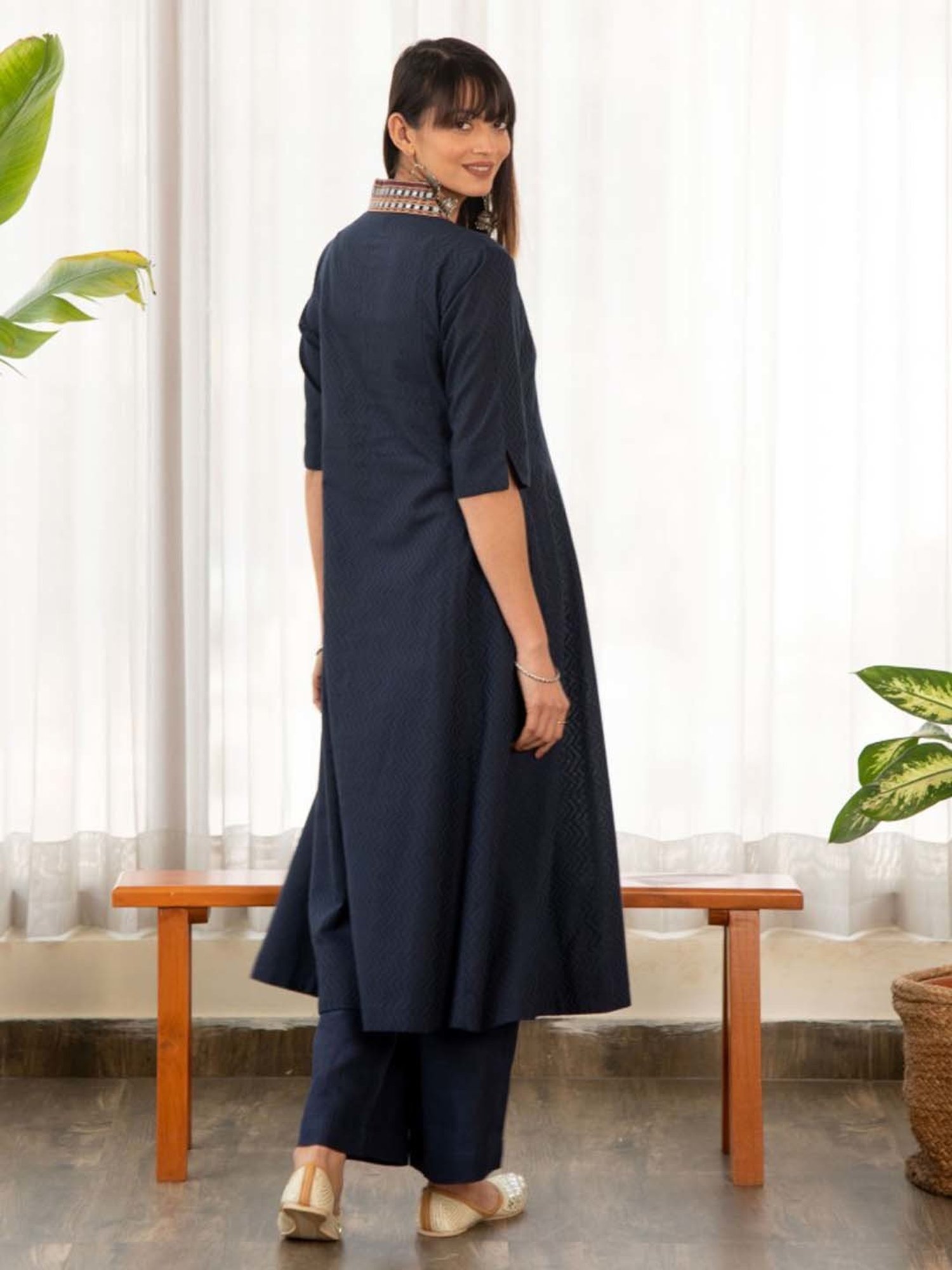 Ekohum Blue Dobby A-Line Kurta