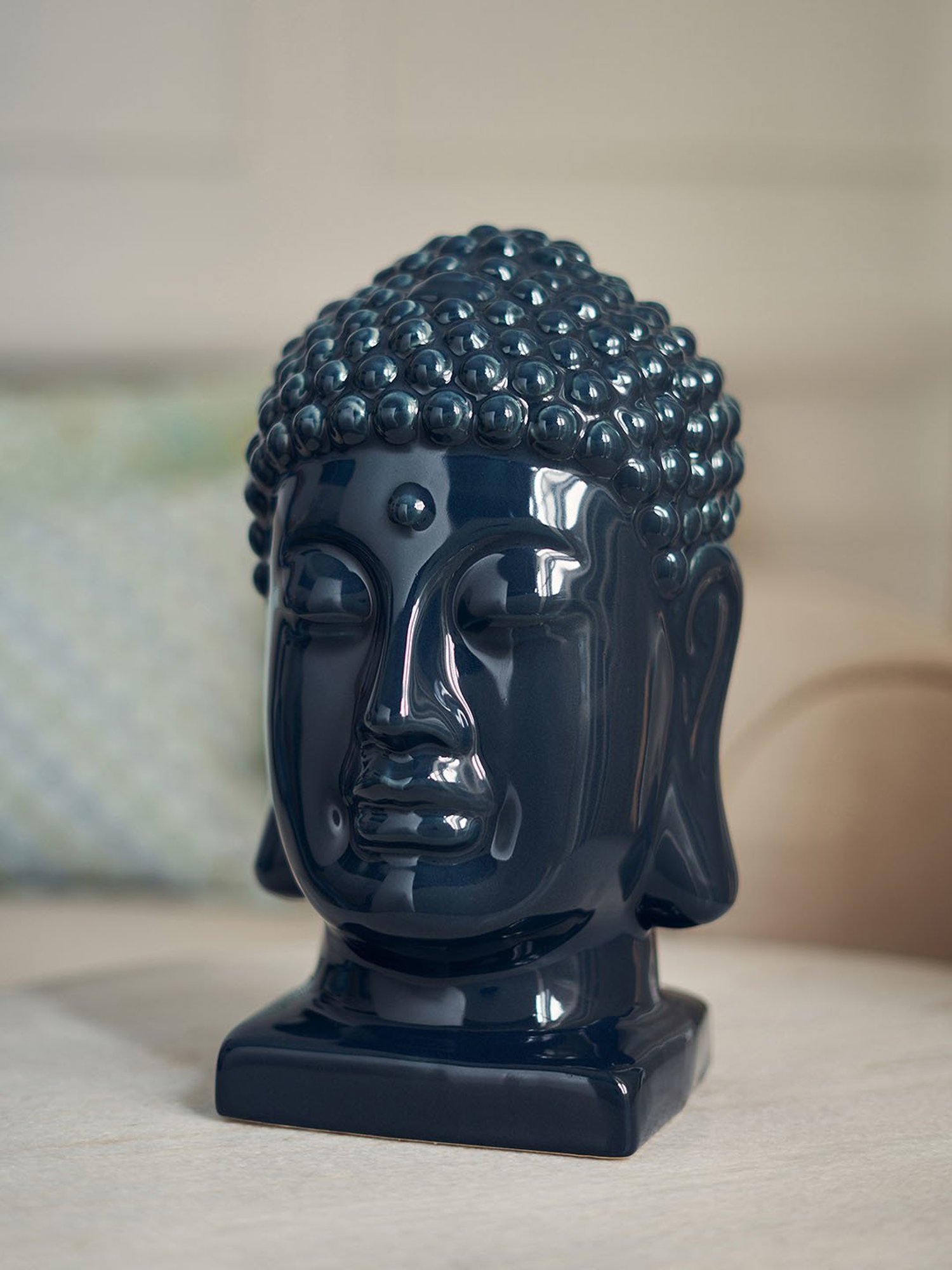 Pure Home and Living Dark Blue Ceramic Buddha Head With Base Sculpture