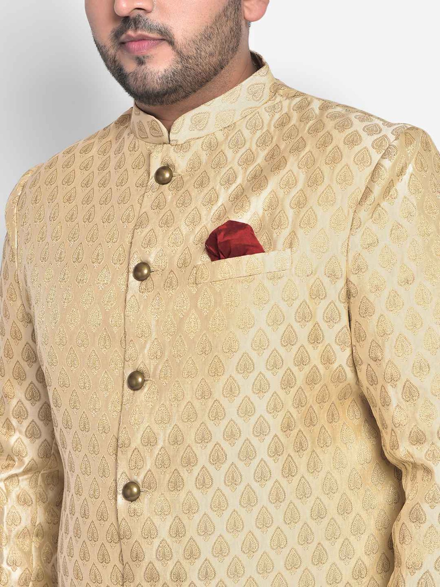 KISAH PLUS Beige Regular Fit Jacquard Sherwani Set