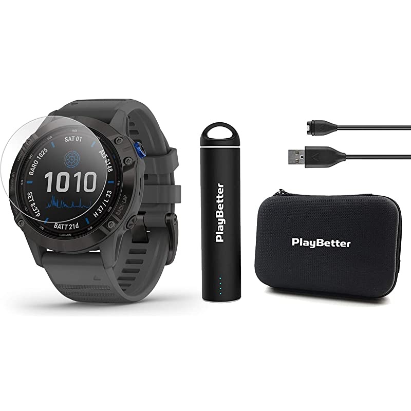 Garmin Fenix 6 Pro Solar (Black with Slate Gray Band) Power Bundle | +HD Screen Protectors,  Portable Charger & Hard Case | Solar Charging, ClimbPro, PacePro, Spotify