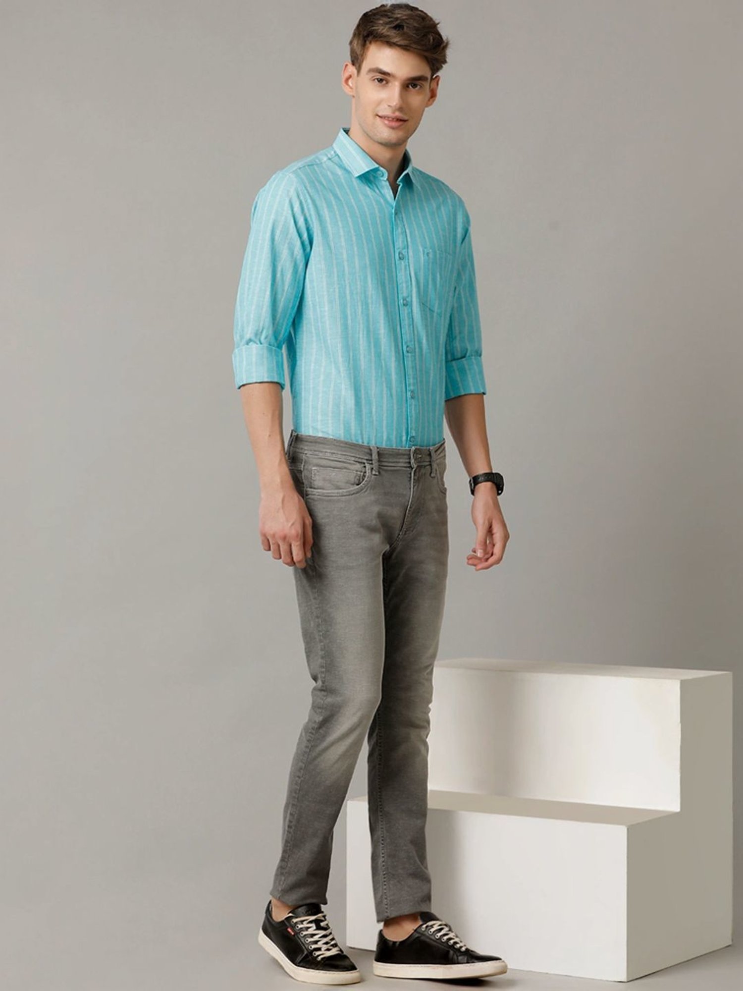 Cavallo By Linen Club Turquoise Blue Linen Contemporary Fit Striped Shirt