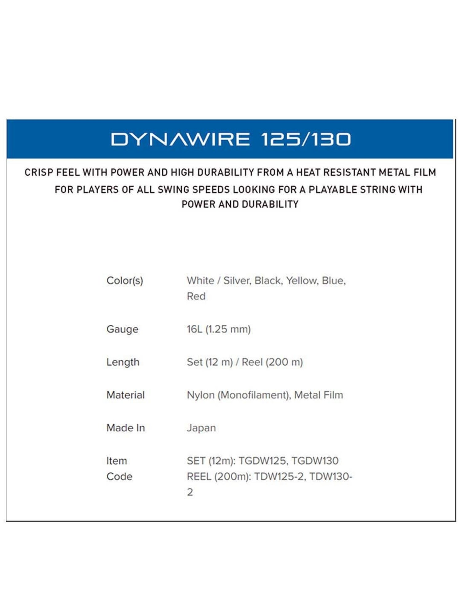 Yonex DYNAWIRE TGDW1302YX Tennis Strings (White)