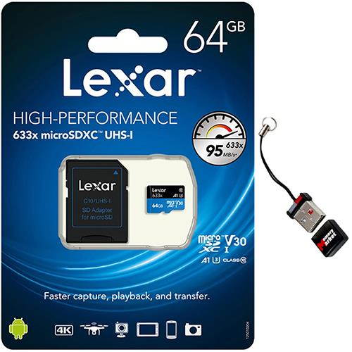 Lexar High Performance 64GB MicroSD XC Memory Card 633x UHS-I Class 10 LSDMI64GBBAP633A with Adapter and Mini MemoryMarket MicroSD Memory Card reader