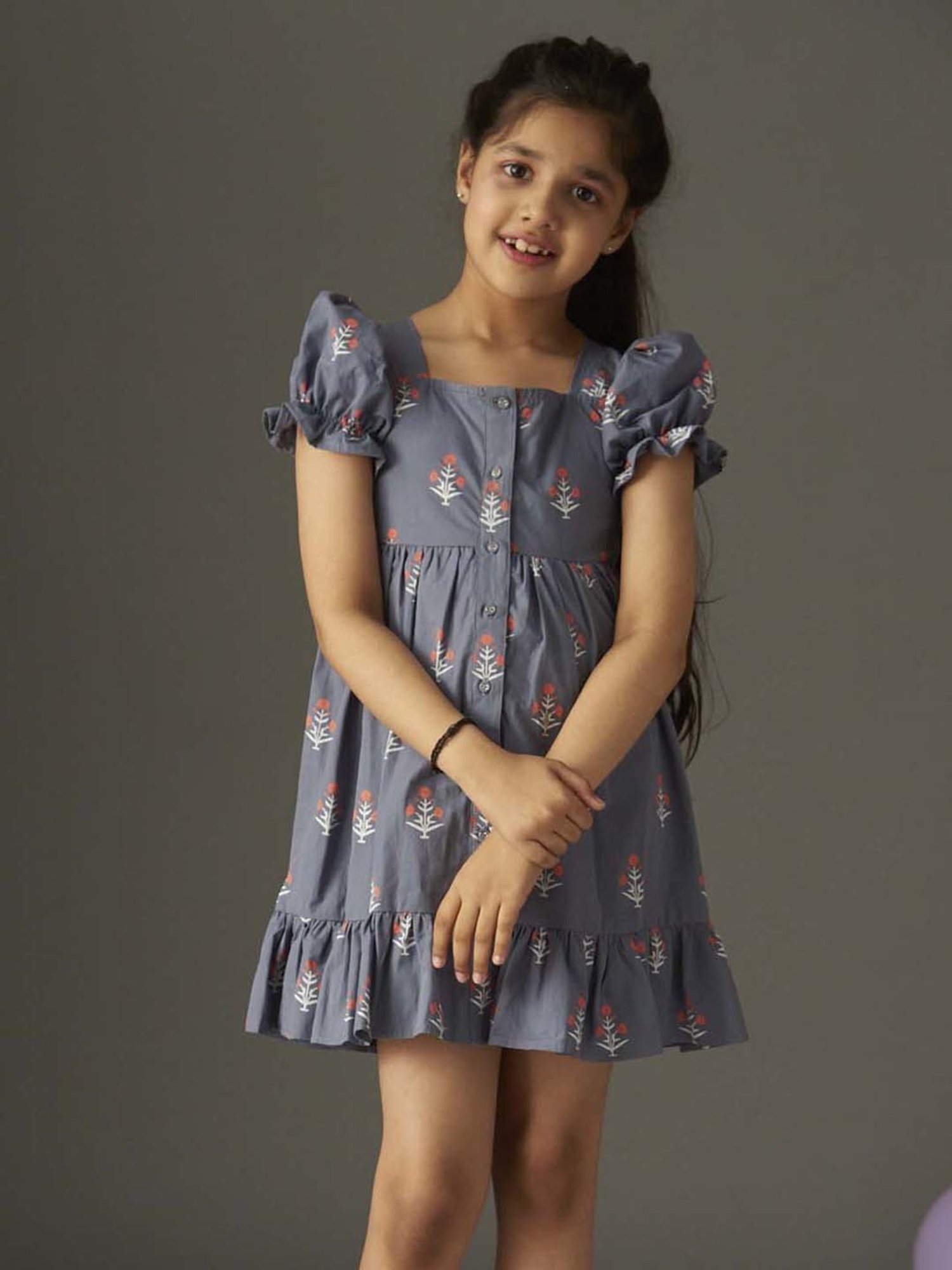 KidsDew Kids Grey Cotton Floral Print Dress