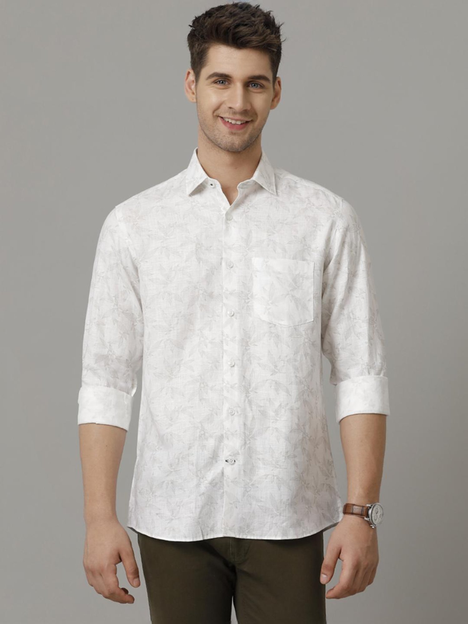 Linen Club White Linen Contemporary Fit Printed Shirt