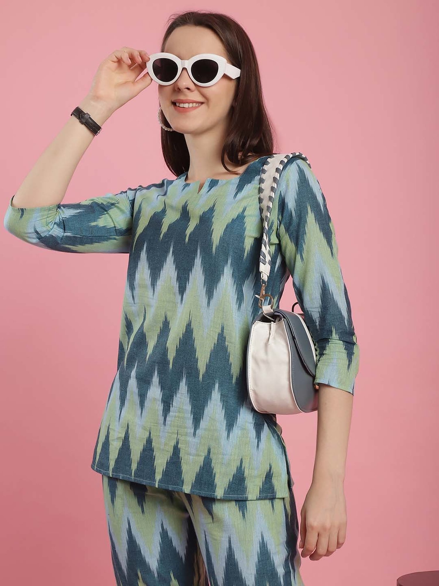 Prakrti Green & Blue Cotton Printed Top Capri Set