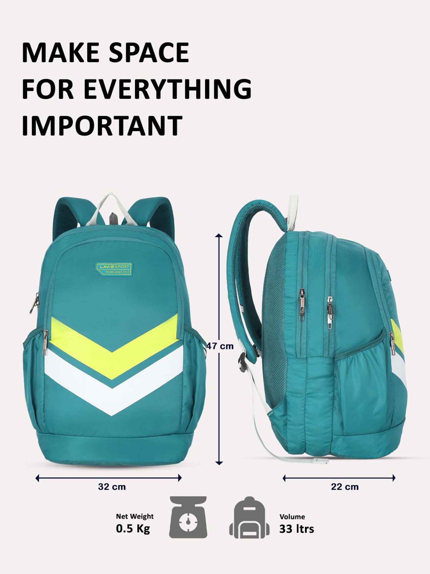 Lavie Sport Chevron 33L College Laptop Backpack with Rain cover For Boys & Girls|Men & Women (Teal)