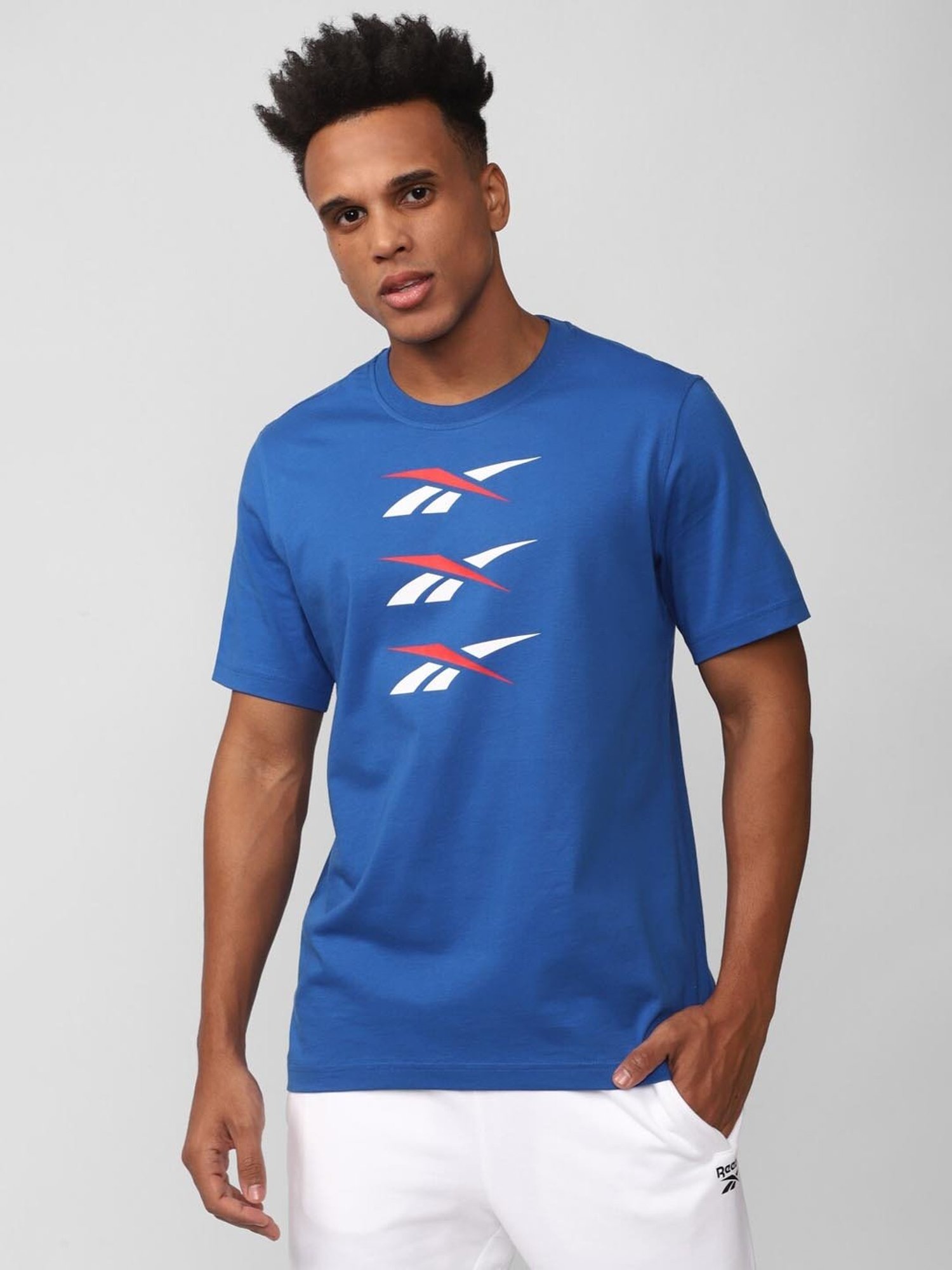 Reebok Blue Cotton Slim Fit Printed T-Shirt