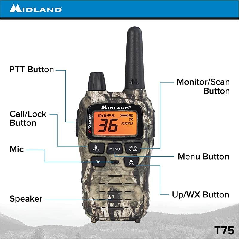 XTALKER T75VP3 36 Channel FRS TwoWay Radio Up to 38 Mile Range Walkie Talkie 121 Privacy Codes amp NOAA Weather Scan + Alert Pair Pack Mossy Oak Camo