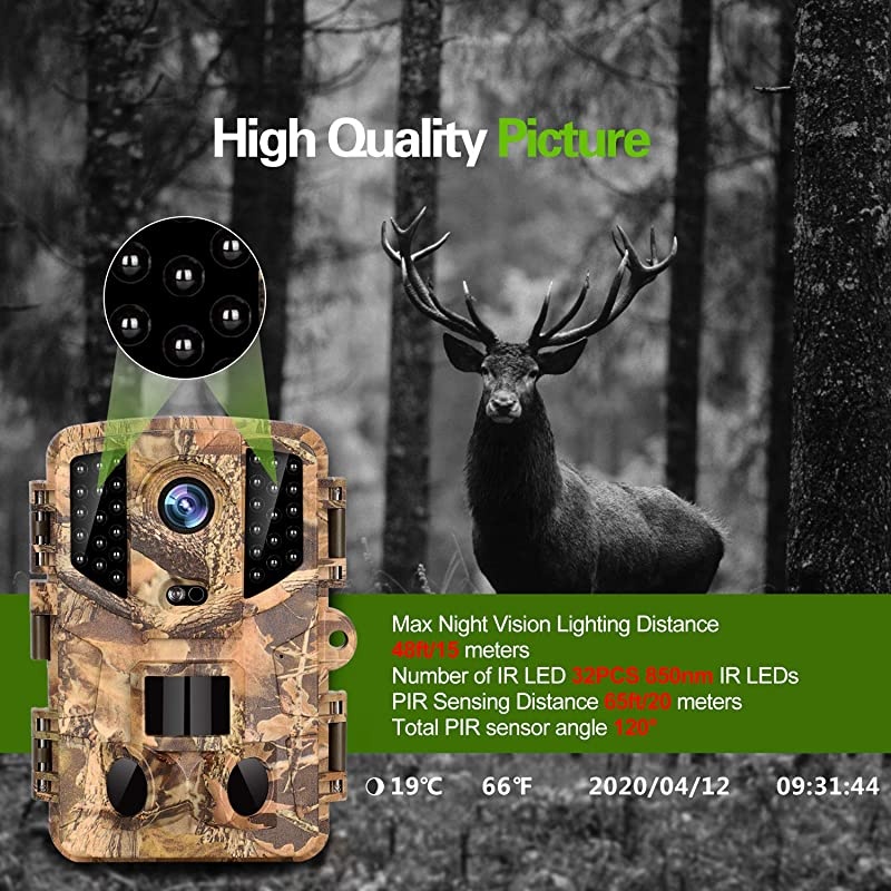 Trail Camera 16MP Full HD Night Vision 1080P Wildlife Hunting Camera with 3 Infrared Sensors Time Lapse and 02s Trigger Speed Wildlife Scouting Camera Waterproof IP66