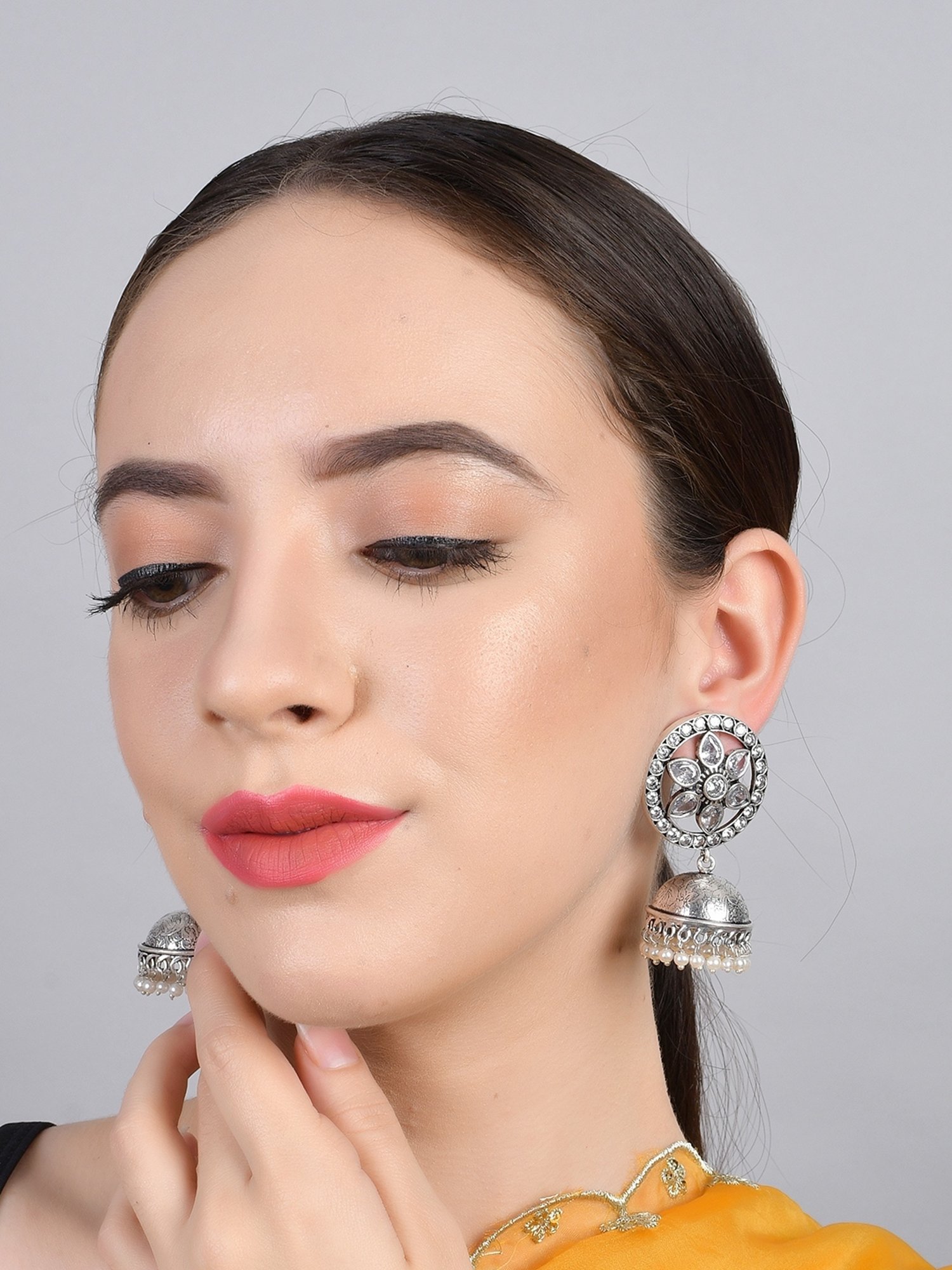 Imli Street White Silver Tone Stone-Studded Handcrafted Jhumki Earrings