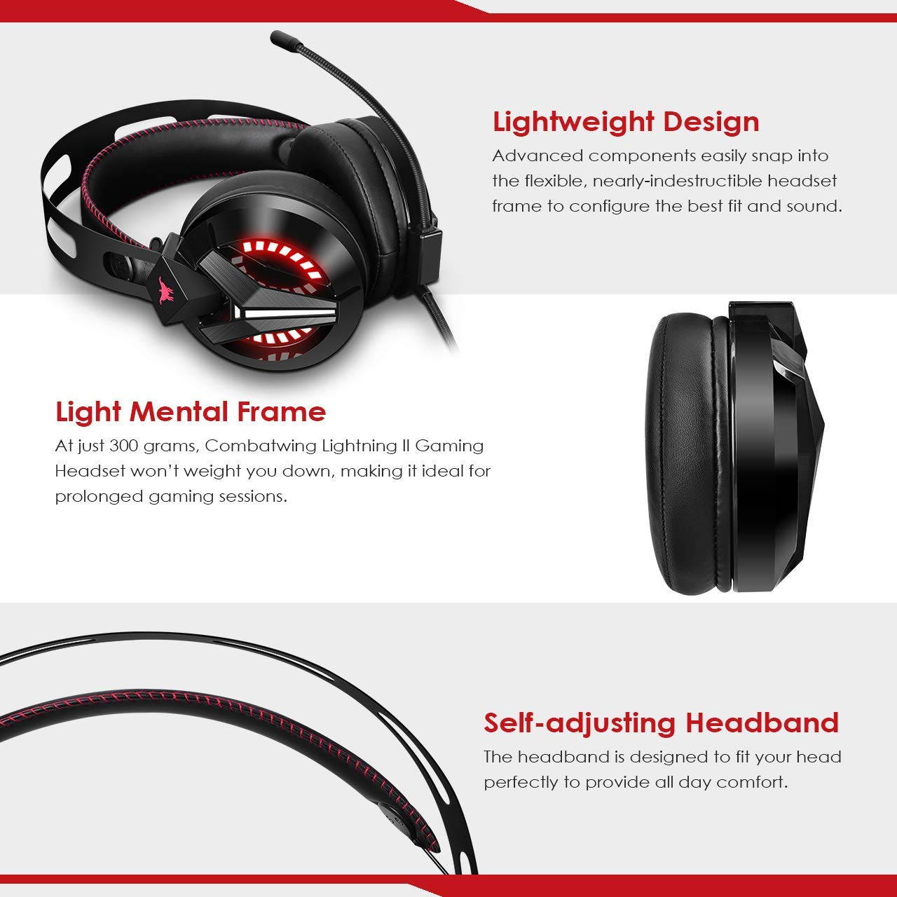 COMBATWING Lightning II Gaming Headset with Noise-Cancelling Mic&7.1 Surround Sound, Advanced Lightweight Headphones with Memory Earmuffs, LED Light, Mic/Volume Control for PS4, Xbox One, PC, Switch