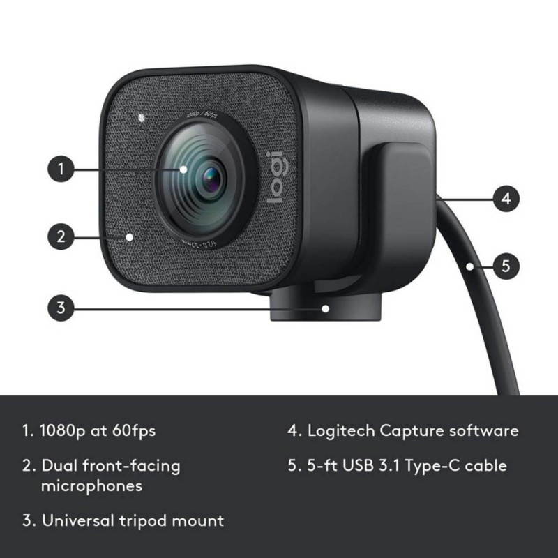 Logitech StreamCam, 1080P HD 60fps Streaming Webcam with USB-C and Built-in Microphone