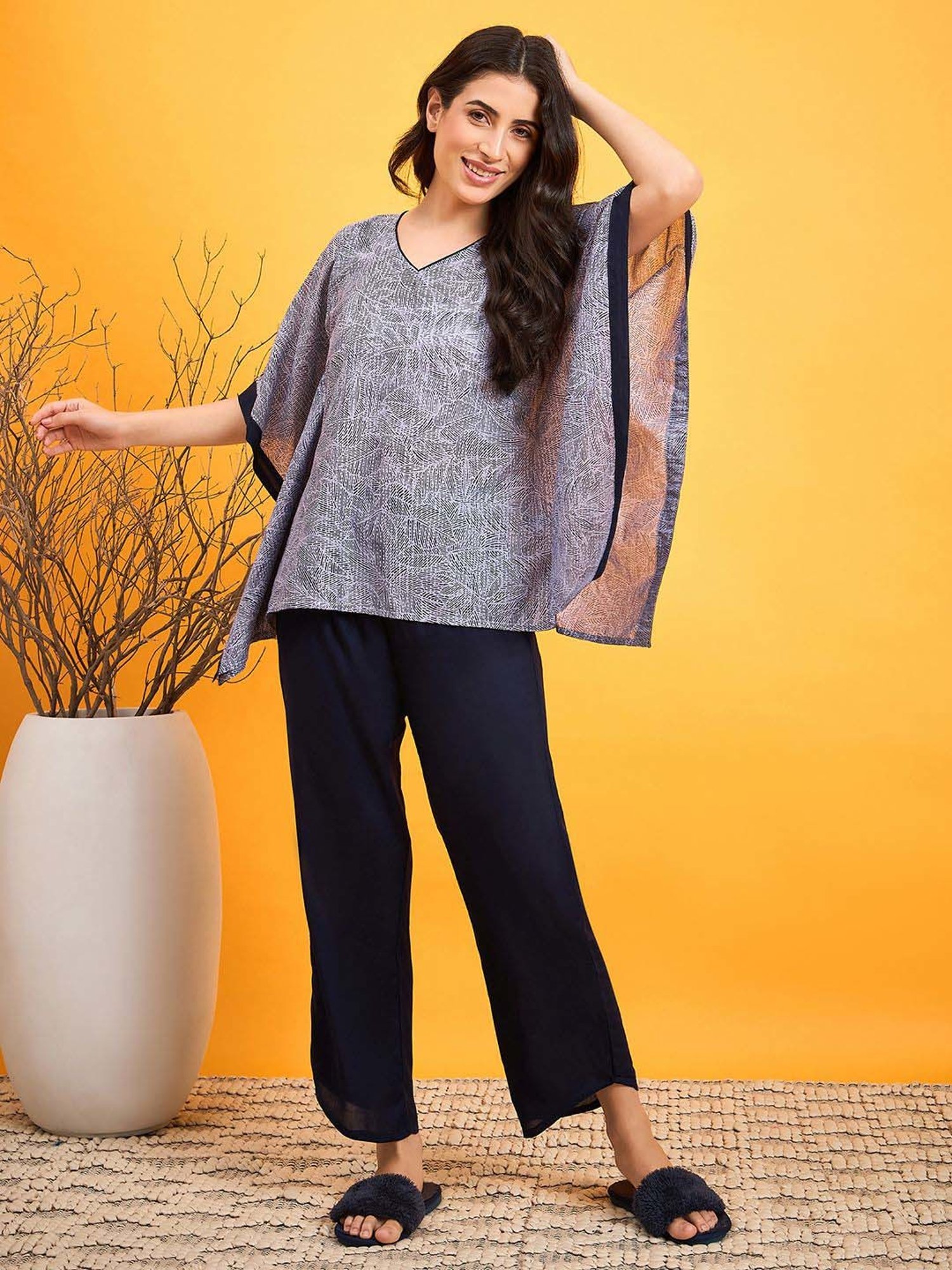 The Kaftan Company Grey Cotton Printed Top Pant Set