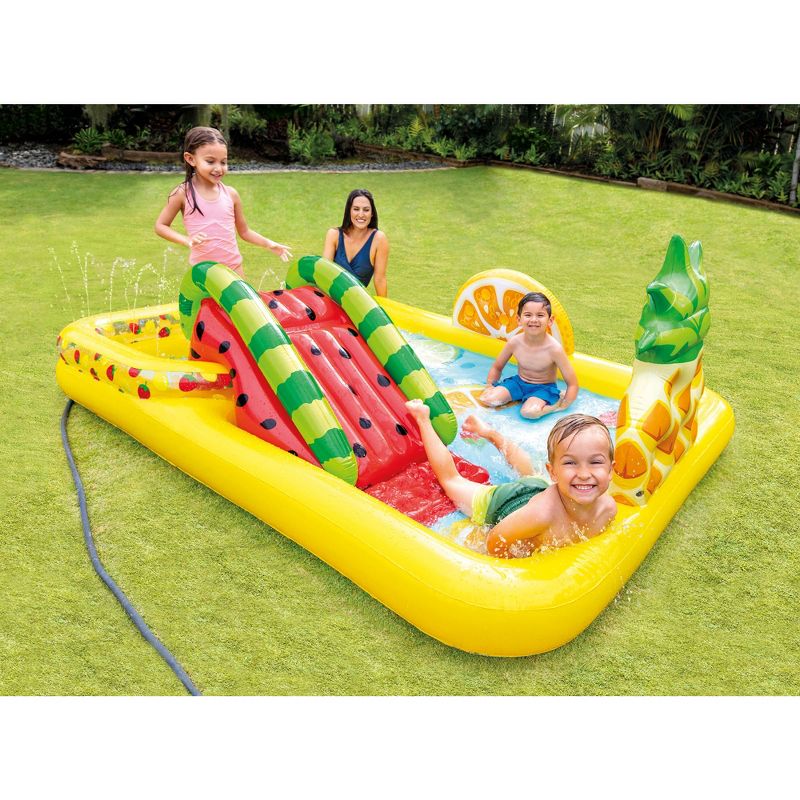 Intex 57158EP Fun'N Fruity 8ft x 6.25ft x 4in Outdoor Inflatable Kiddie Pool Water Play Center w/ Water Slide, Sprinklers and 6 Play Balls for Ages 2+