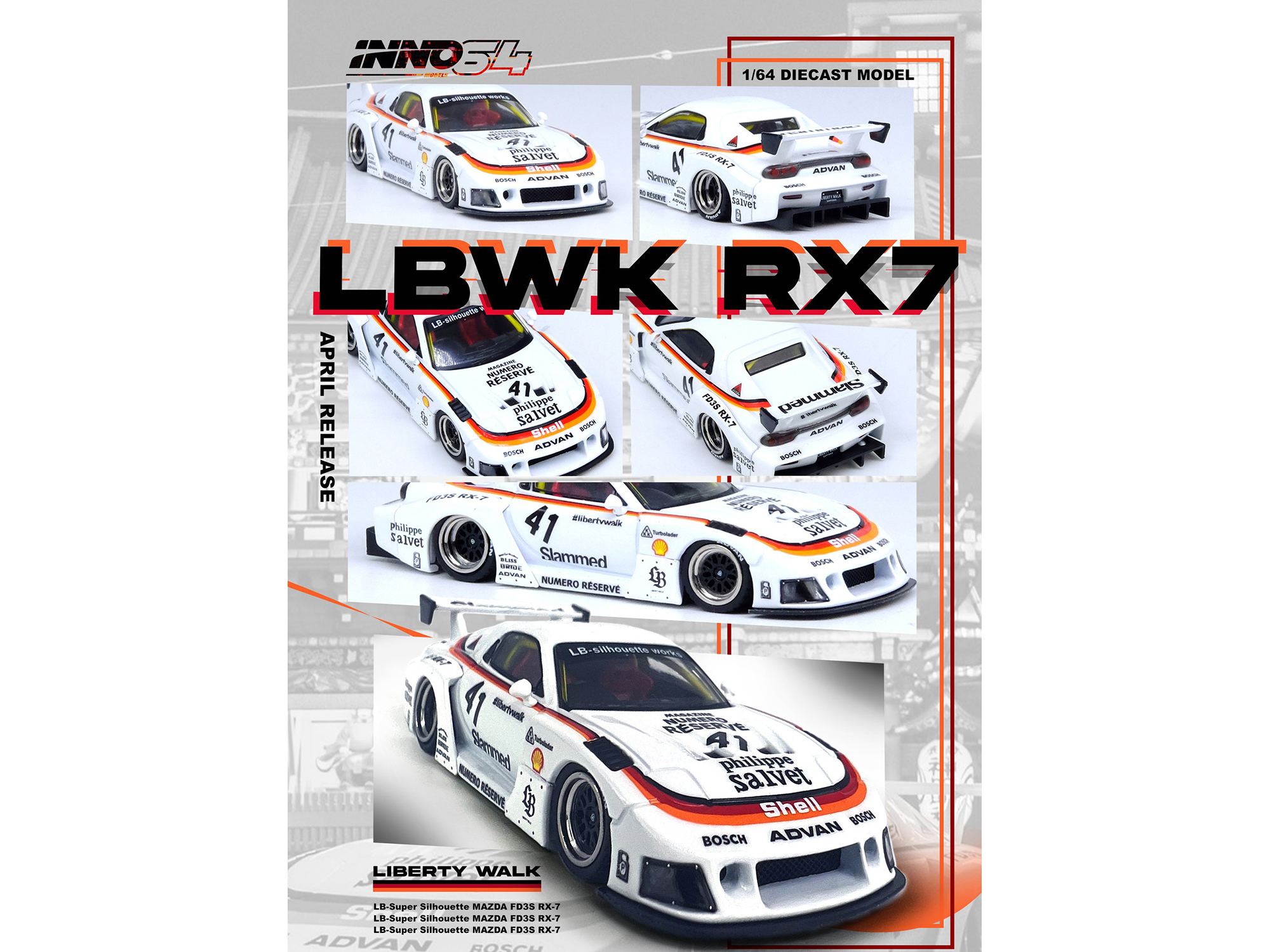 Mazda RX7 (FD3S) LB-Super-Silhouette RHD (Right Hand Drive) #55 Green and Orange with Graphics "Tokyo Auto Salon 2024 - Malaysia Diecast Expo 2024" 1/64 Diecast Model Car by Inno Models