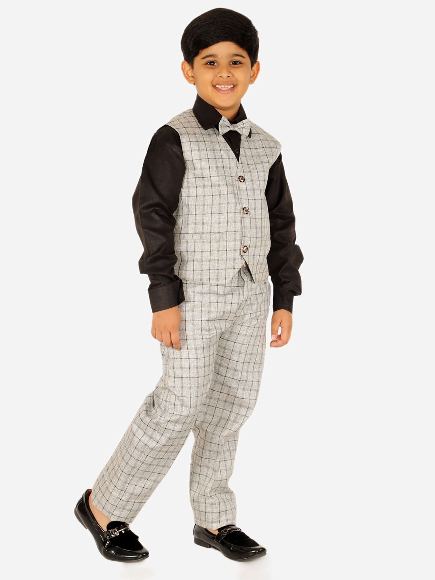 Pro-Ethic Style Developer Kids Grey & Black Checks Full Sleeves Shirt, Waistcoat, Pants with Bow