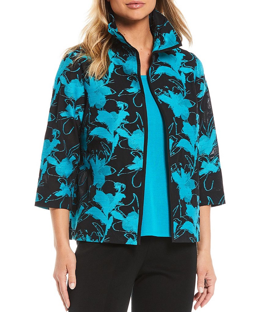 Ming Wang 3/4 Sleeve Puff Collar Open Front Floral Jacket