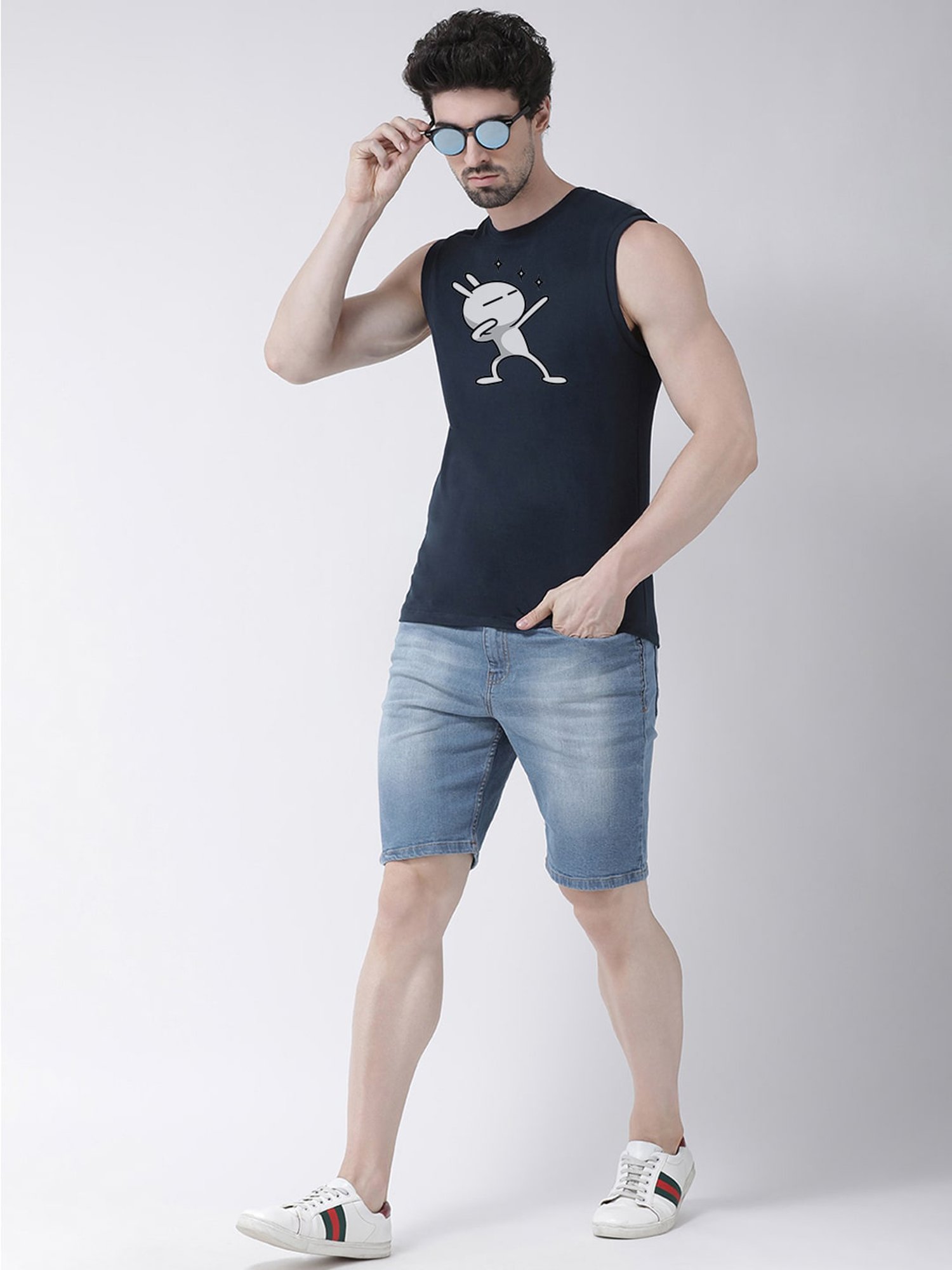Friskers Navy Slim Fit Graphic Print Sleeveless T-Shirt