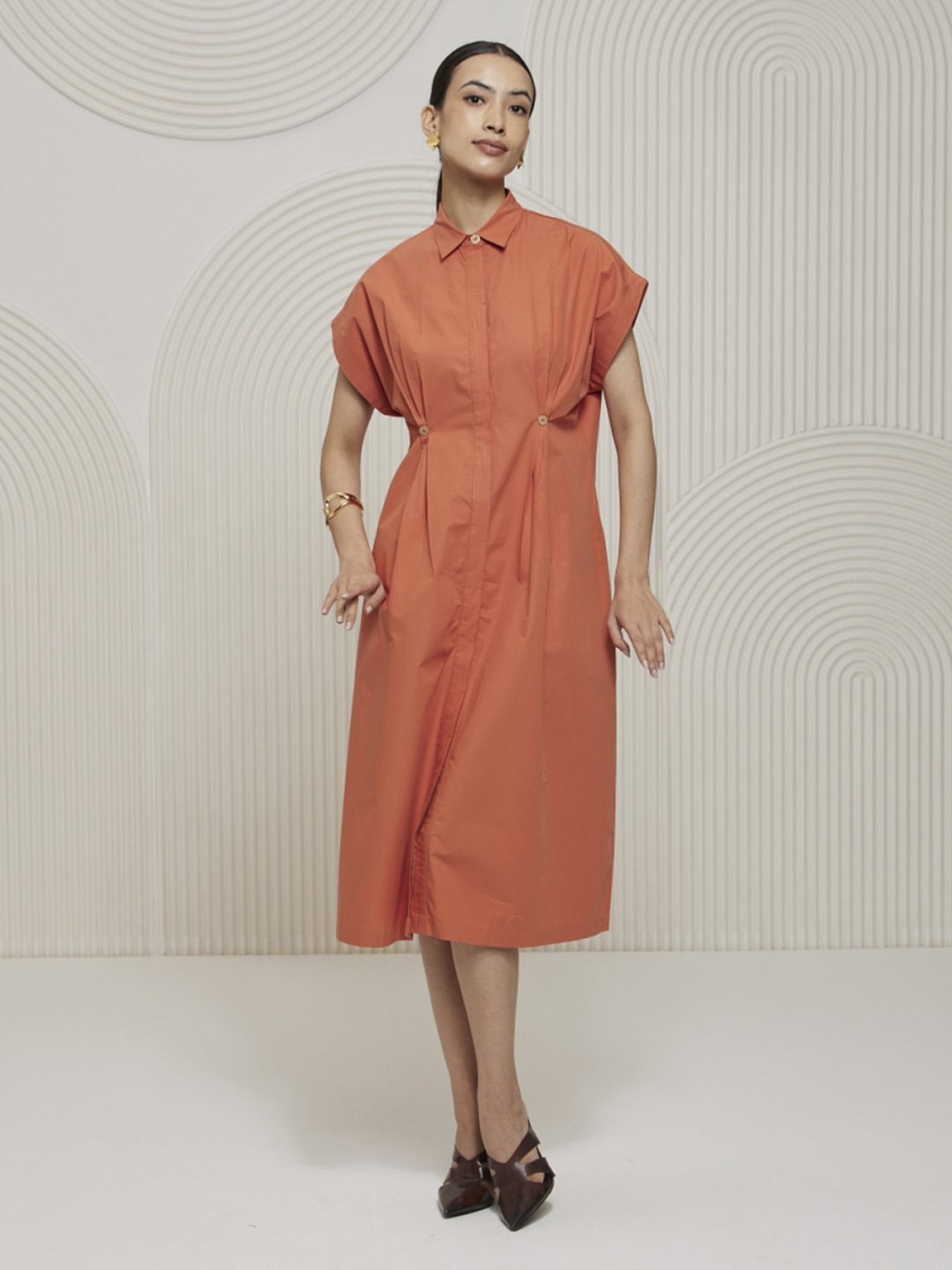Artagai Orange Elevated Basics Pleated Shirt Dress with Concealed Placket