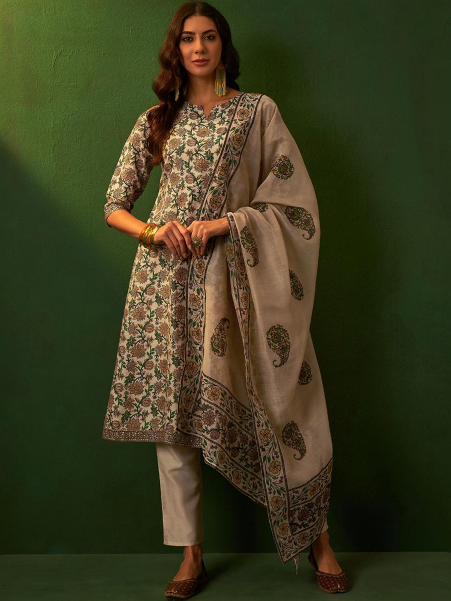 Ziyaa Beige Printed Kurta Pant Set With Dupatta