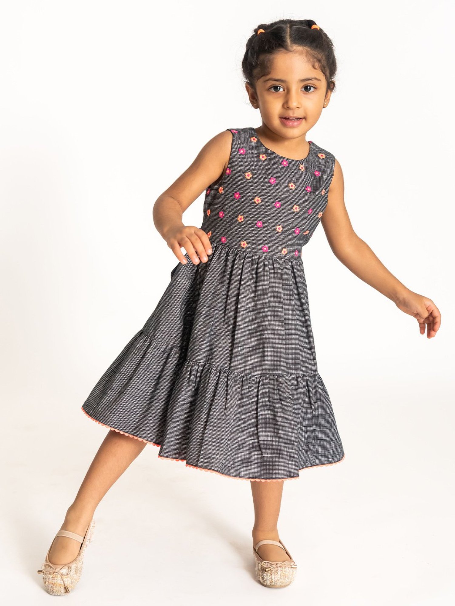 A Little Fable Kids Grey Cotton Embroidered Dress