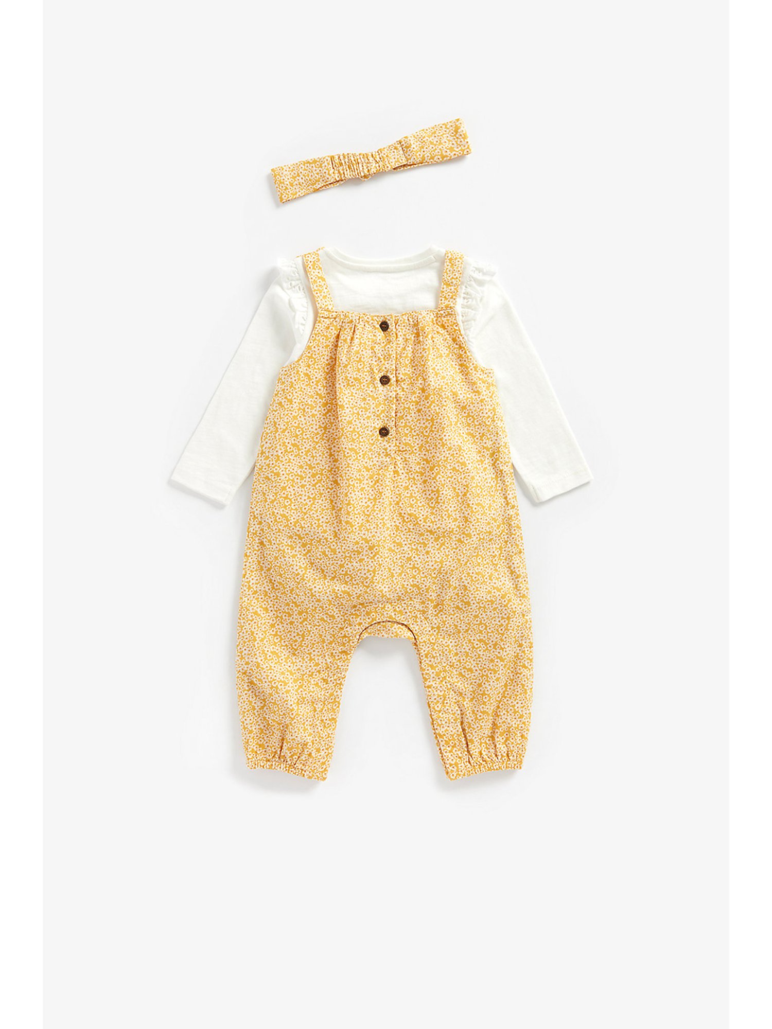 Mothercare Kids White & Mustard Floral Print Full Sleeves Top, Dungree with Headband