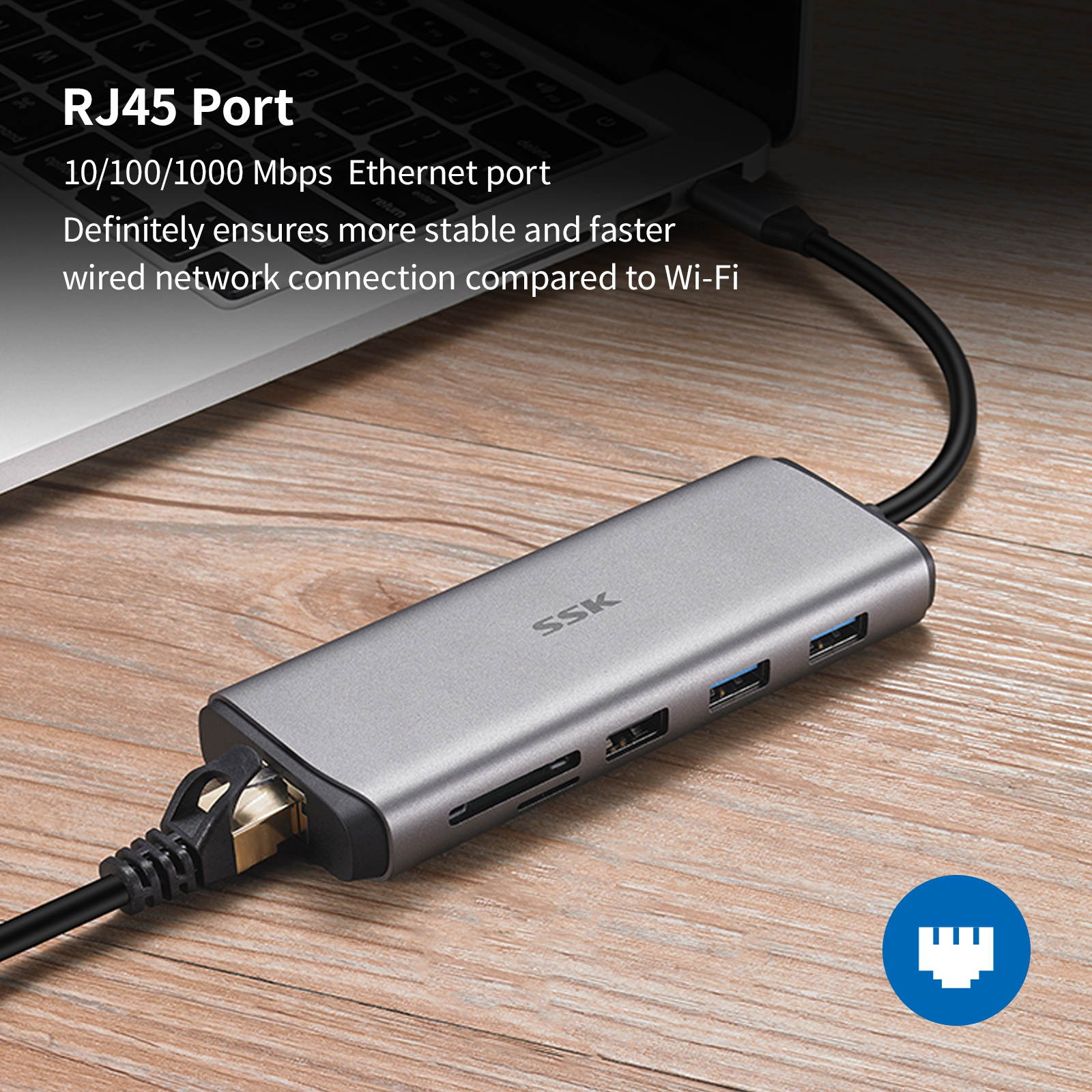 SSK USB C Hub, 8-in-1 Type C Multiport Hub Adapter with RJ45 Ethernet, 4K HDMI, PD3.0 Powered, 2 USB 3.0, 1 USB2.0, SD/TF Cards Reader USB C Dock for MacBook/Pro/Air and More Type C Devices