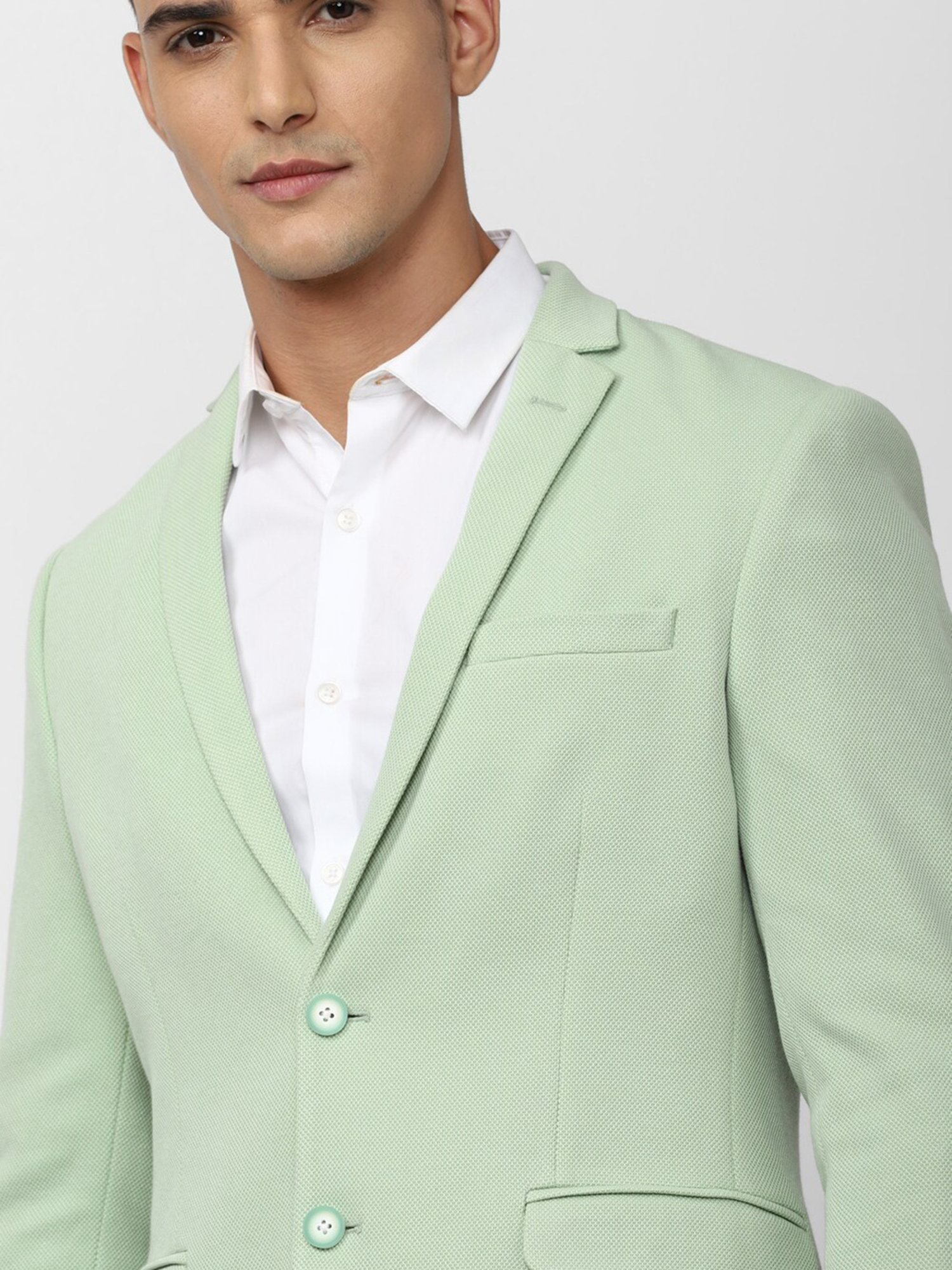 Peter England Mint Green Slim Fit Textured Notch Lapel Blazer