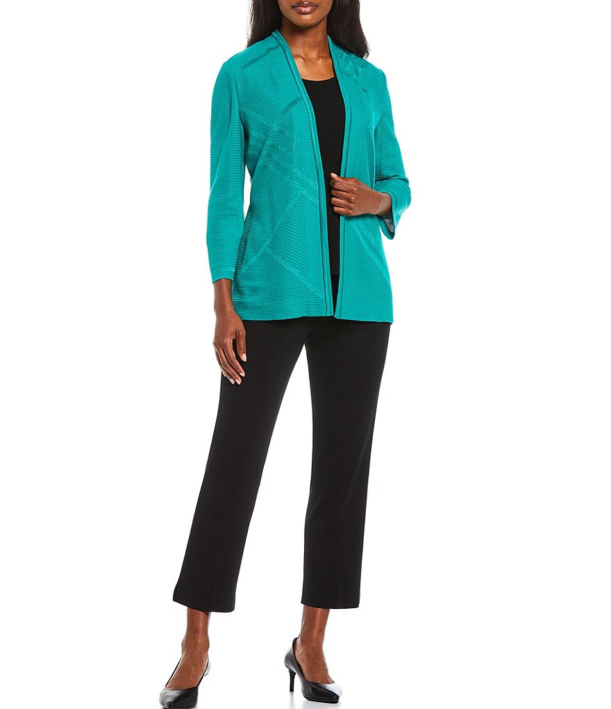 Ming Wang Tonal Geo Jacquard Knit V-Neck 3/4 Sleeve Jacket