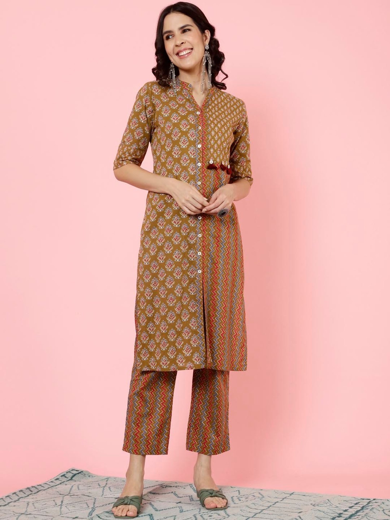 Jaipur Kurti Brown Printed Kurta Pant Set
