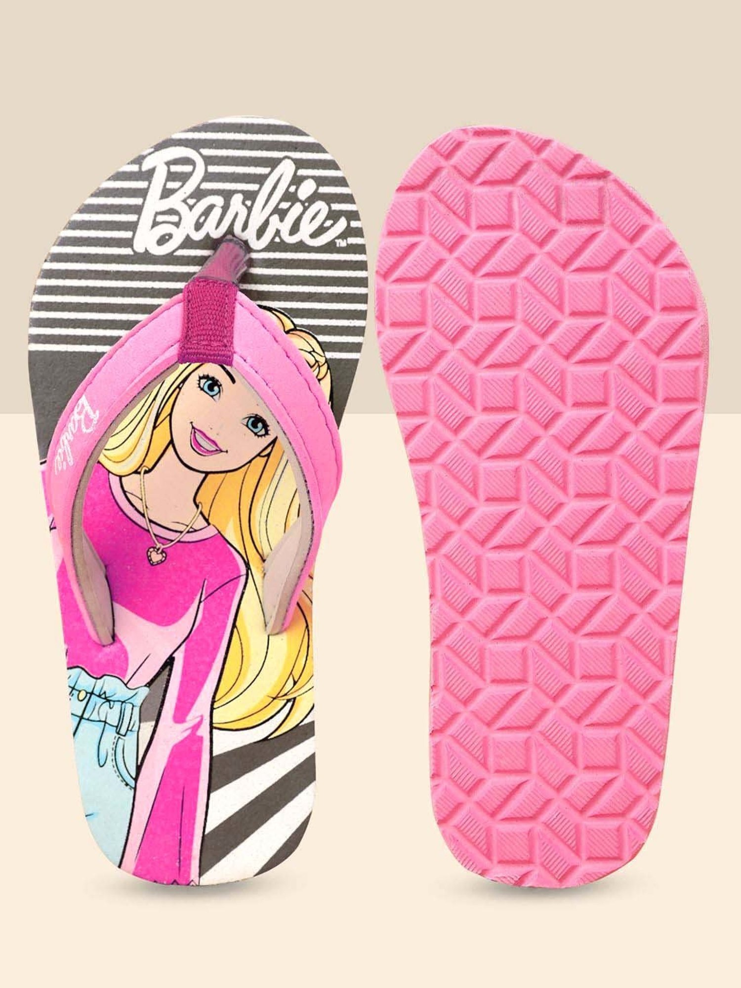 Kidsville Barbie Printed Pink & Grey Flip Flops