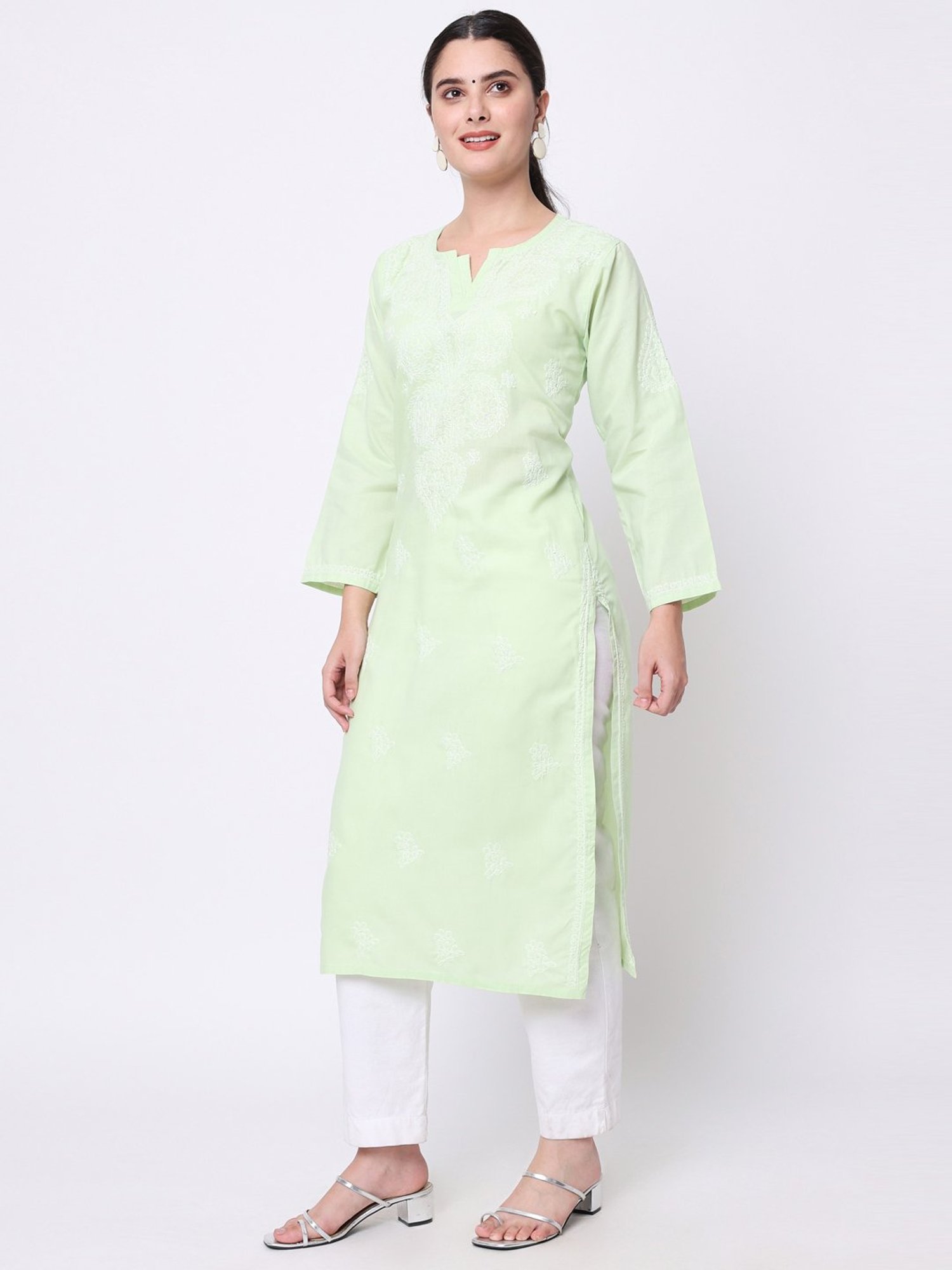 PARAMOUNT CHIKAN Green Cotton Chikankari Straight Kurta