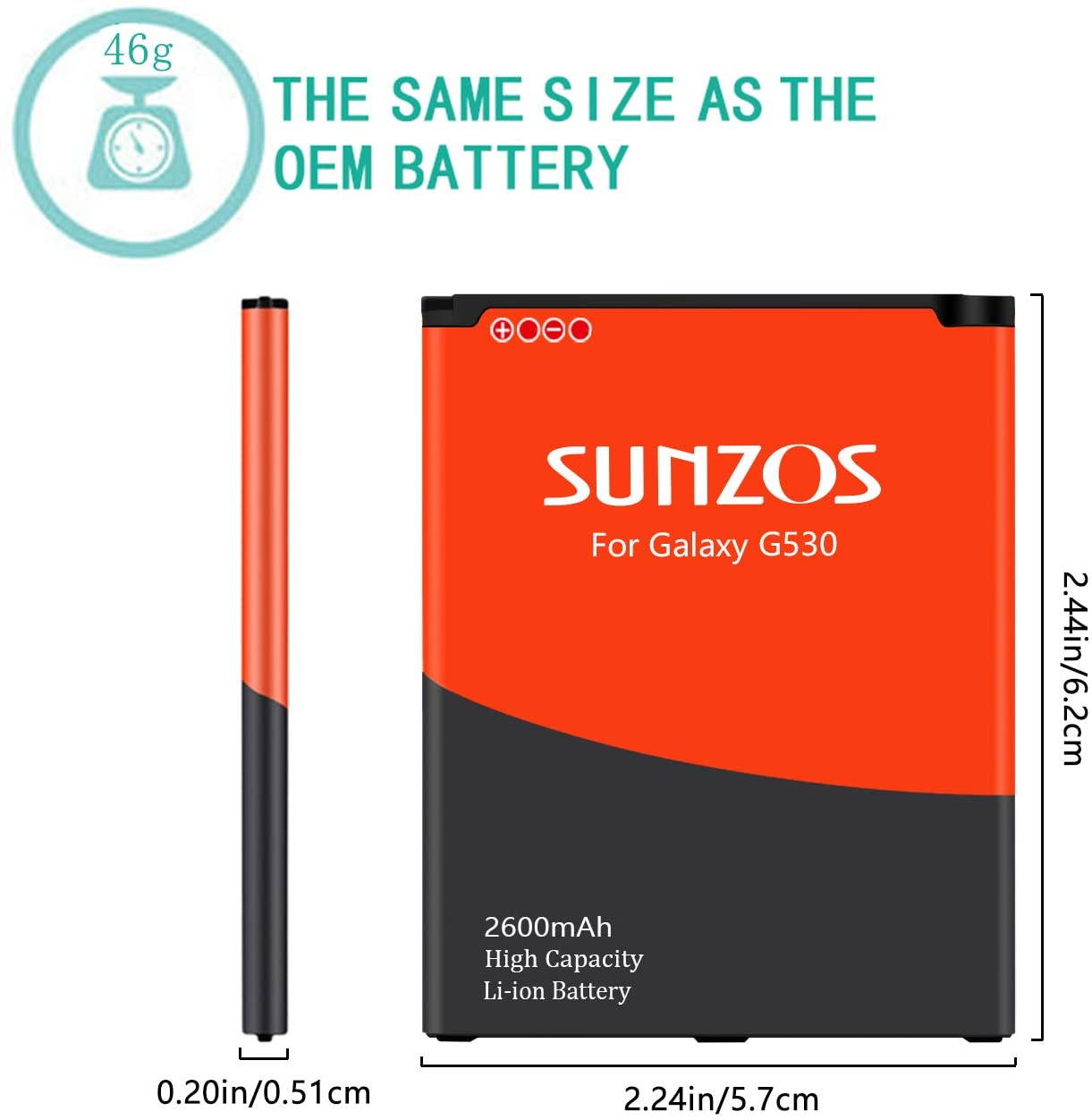 Galaxy J3 Battery, SUNZOS 2600mAh Li-ion Replacement Battery for Samsung Galaxy J320A J320V EB-BG530BBU EB-BG530BBE J5-G530P [3 Years Warranty]