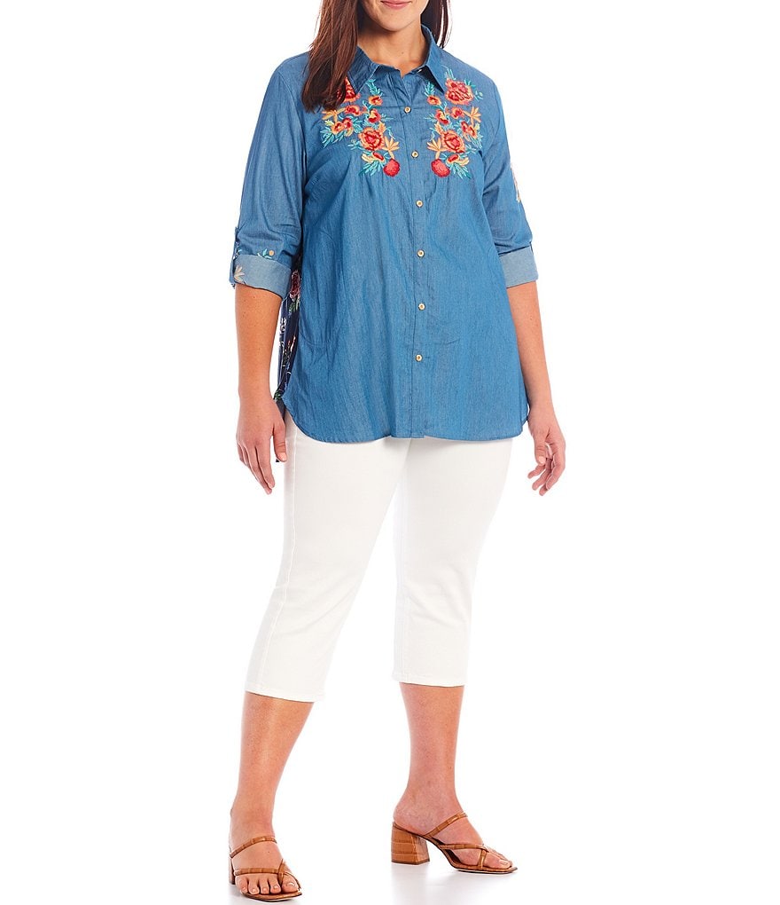 Calessa Plus Size Floral Print Back Embroidered Front Poplin Point Collar Neck 3/4 Sleeve Tunic Shirt