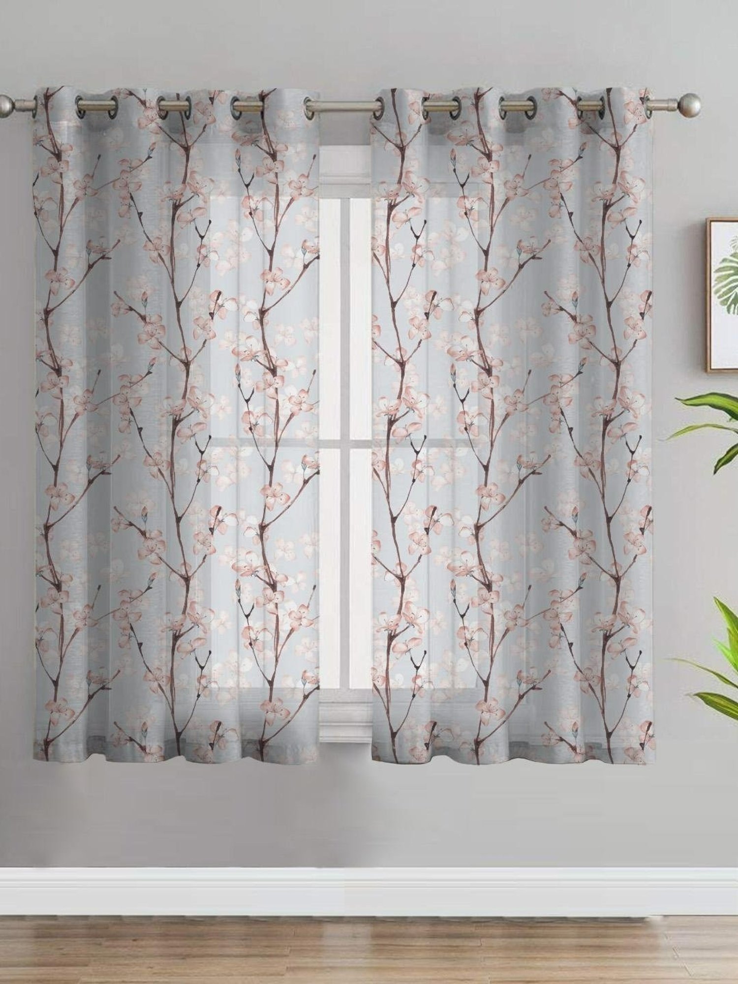 SPACES DRAPE STORY Elegent Floral Pink & Blue Polyester 5 ft Window Curtains - Set of 2