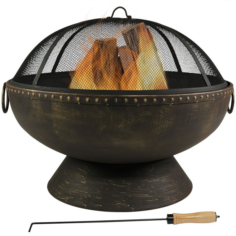 Sunnydaze Outdoor Camping or Backyard Large Fire Pit Bowl with Spark Screen, Log Poker, and Metal Wood Grate - 30" - Bronze