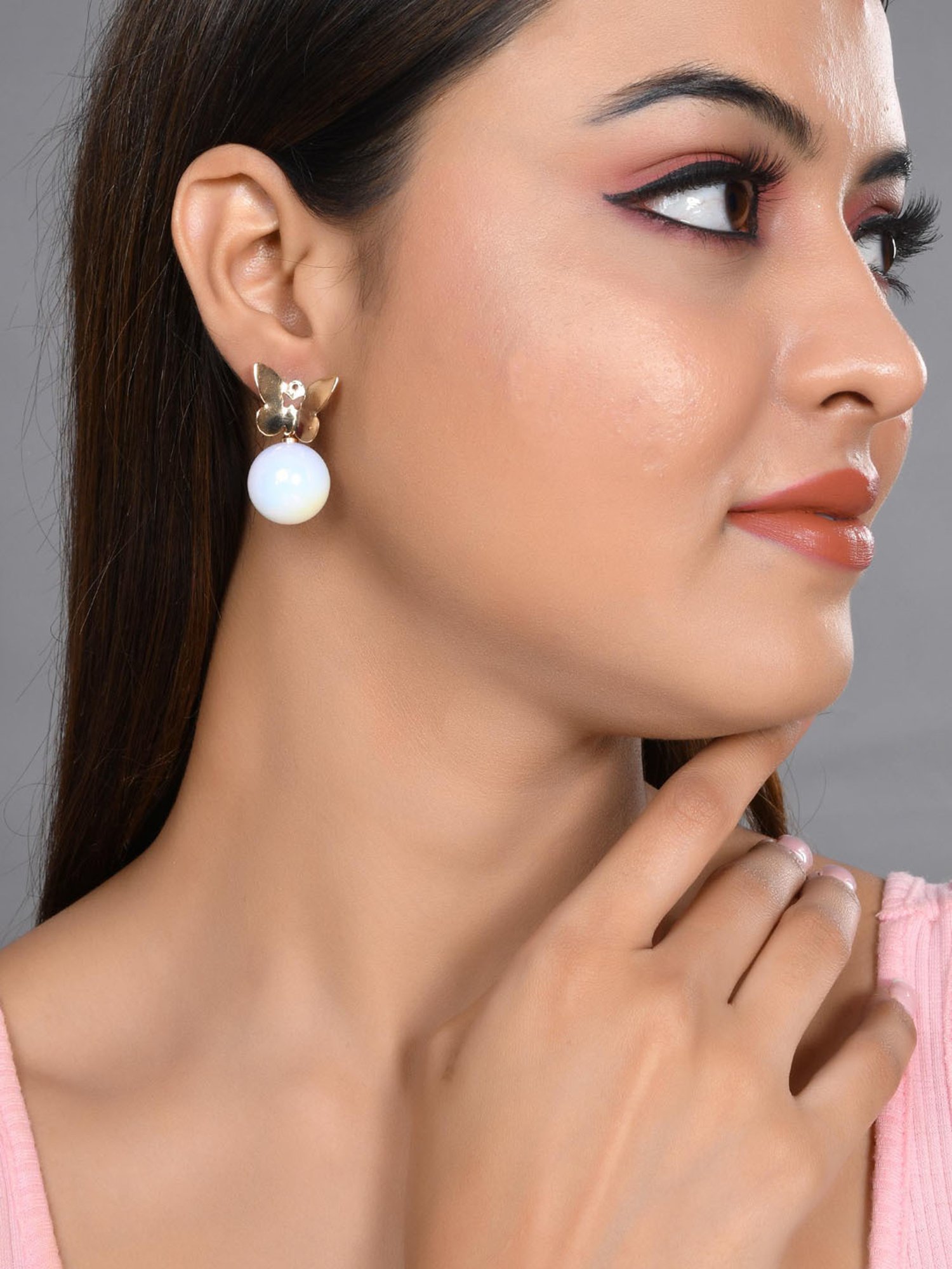 VOJ Women Gold Plated ButterFly Pearl Studs Earring for Women