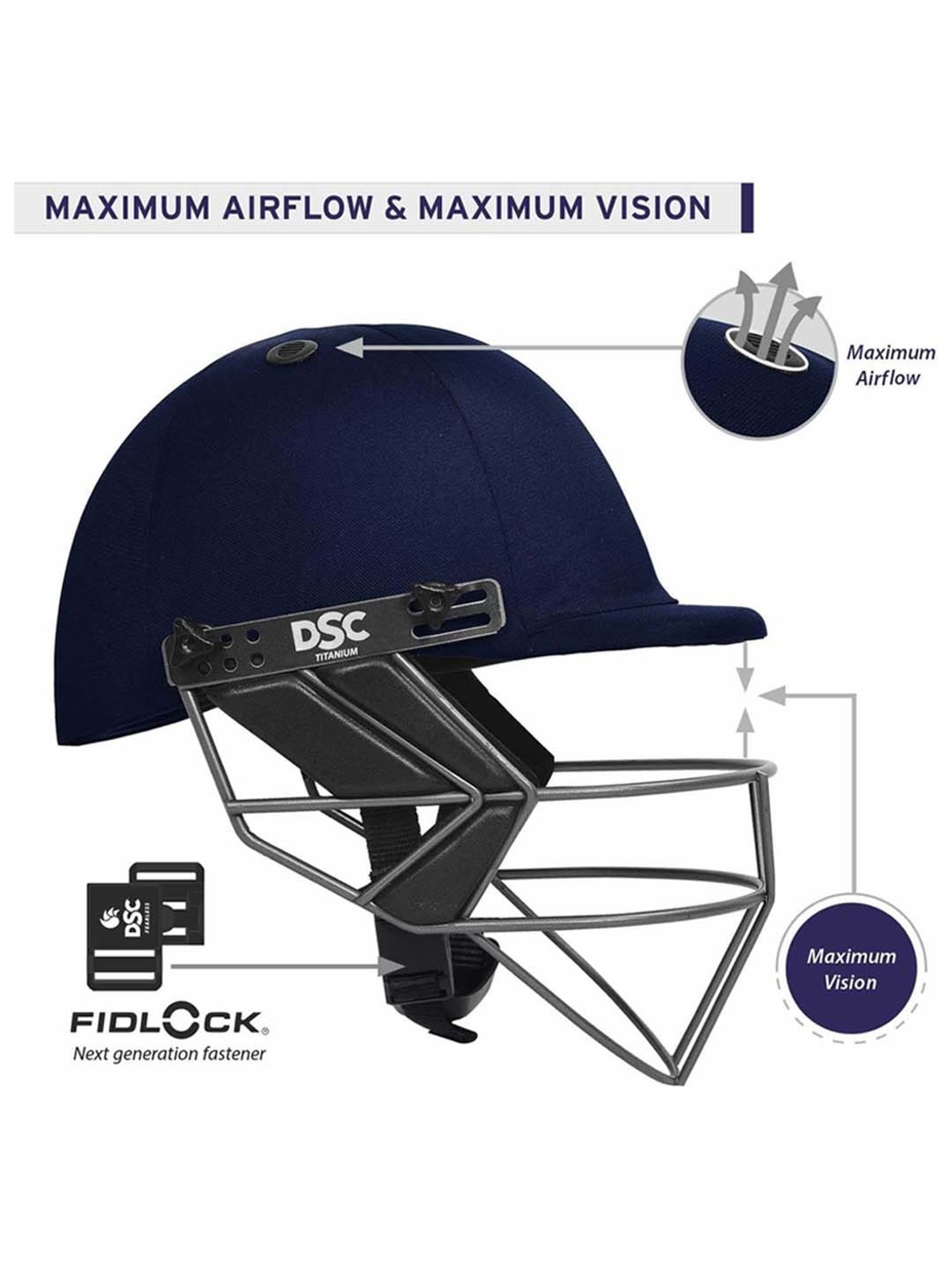 DSC Fort 44 LITE Titanium Cricket Helmet Adjustable Back Support Strap Size - L