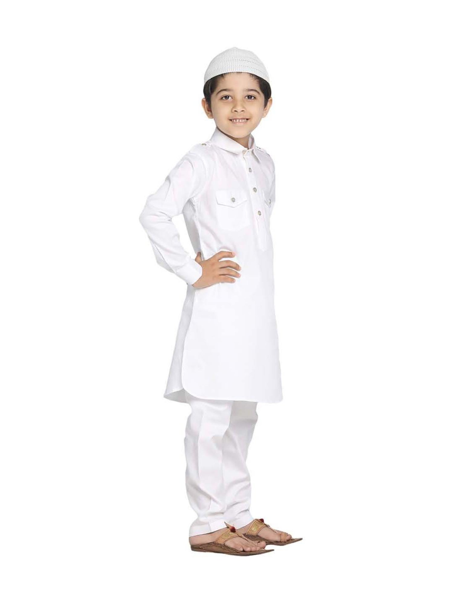 VASTRAMAY Kids White Cotton Pathani Kurta Set