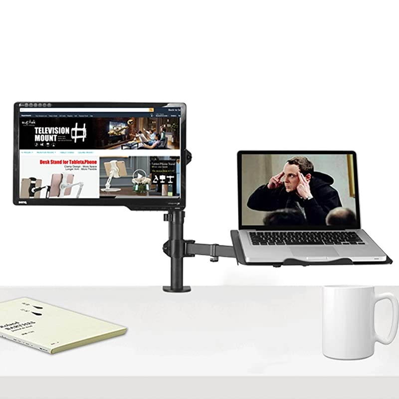 Full Motion Computer Monitor and Laptop Riser Desk Mount Stand, Height Adjustable (400mm), Fits 13-27 inch Screen and up to 17 inch Notebooks, VESA 75/100, up to 22lbs for Each (MD6432TP004)