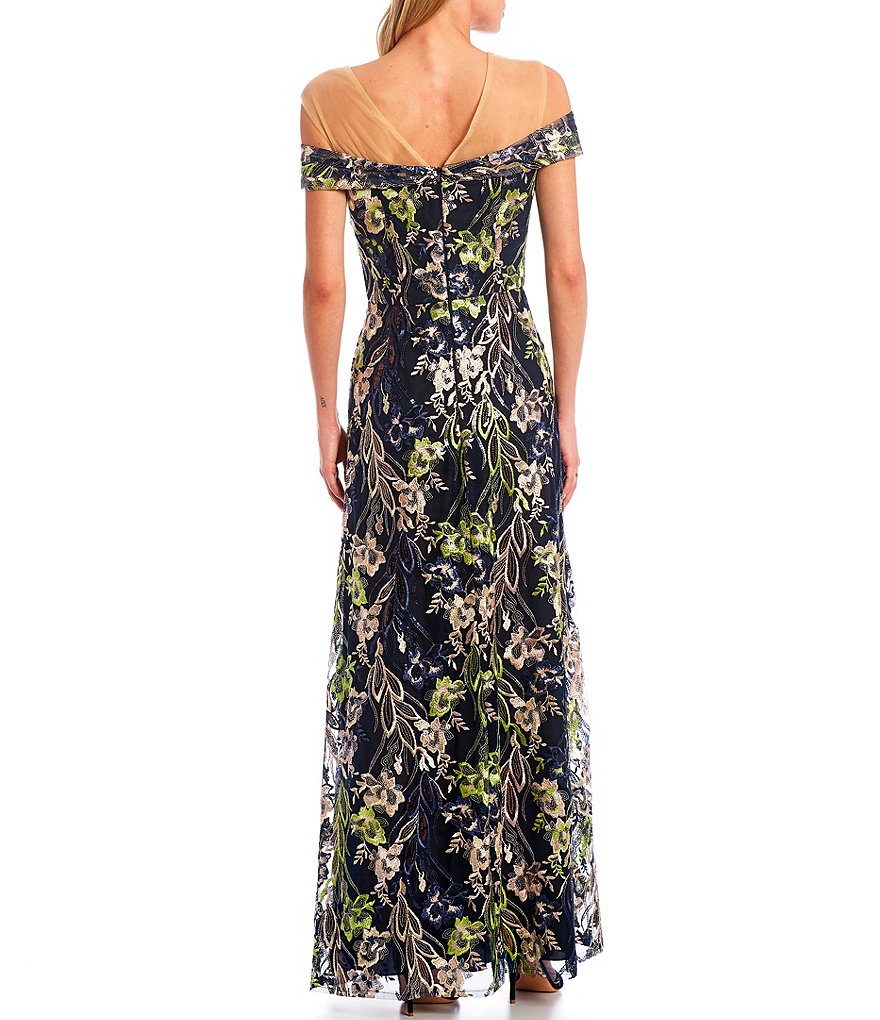 JS Collections Francesca Illusion Yoke Off-the-Shoulder Cap Sleeve Illusion Sweetheart Neck Embroidered Gown