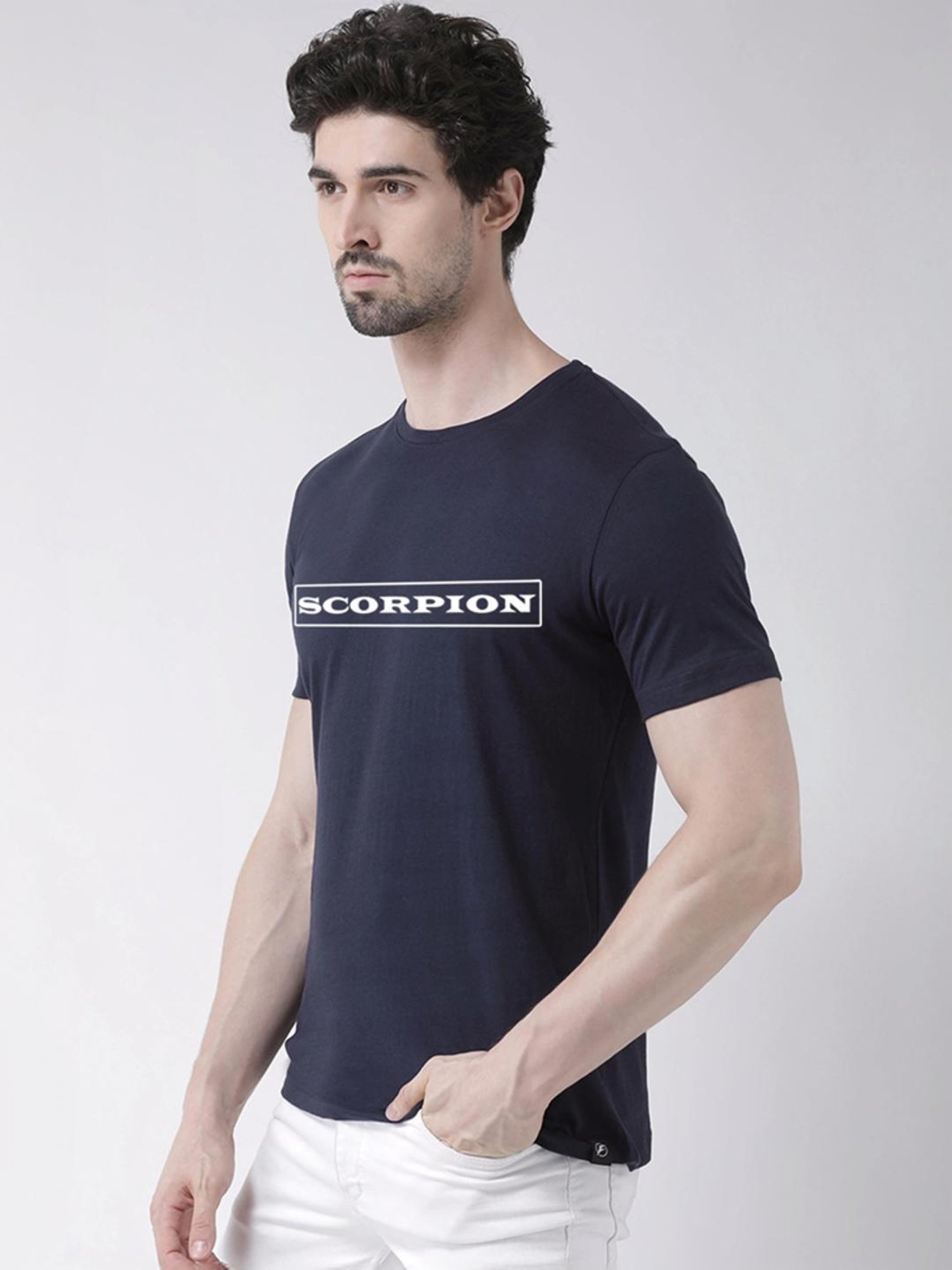 Friskers Navy Blue Cotton Slim Fit Printed T-Shirt